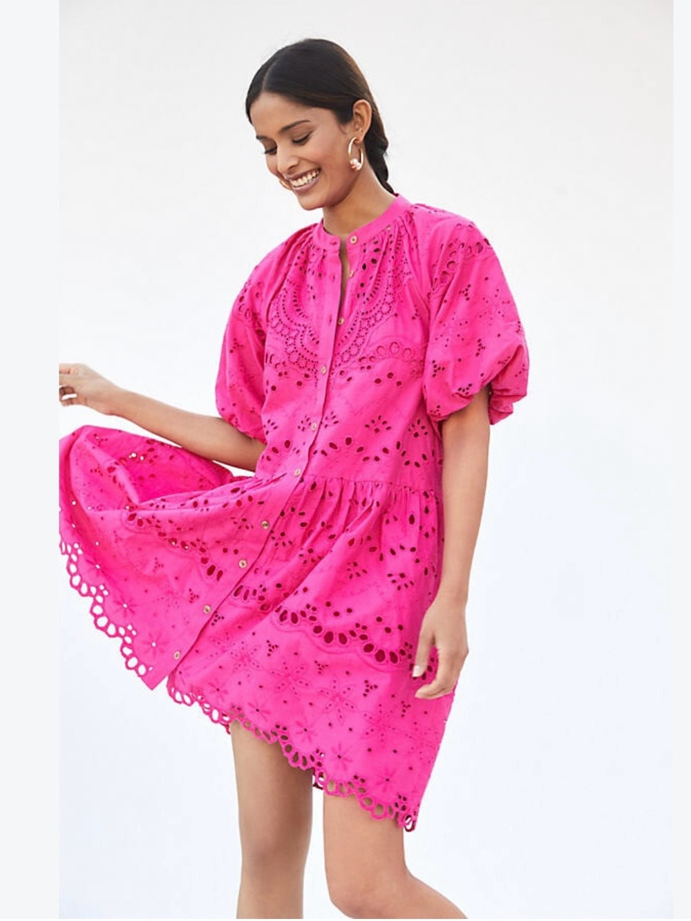 Anthropologie Hot Pink Eyelet Button-Front Puff Sleeve Dress Women’s size S